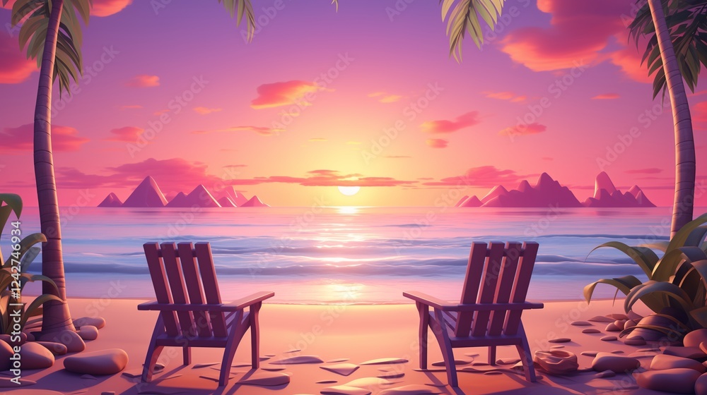Fototapeta premium 3D isometric tropical beach scene with chairs overlooking a breathtaking colorful sky, gentle waves and palm trees in the background