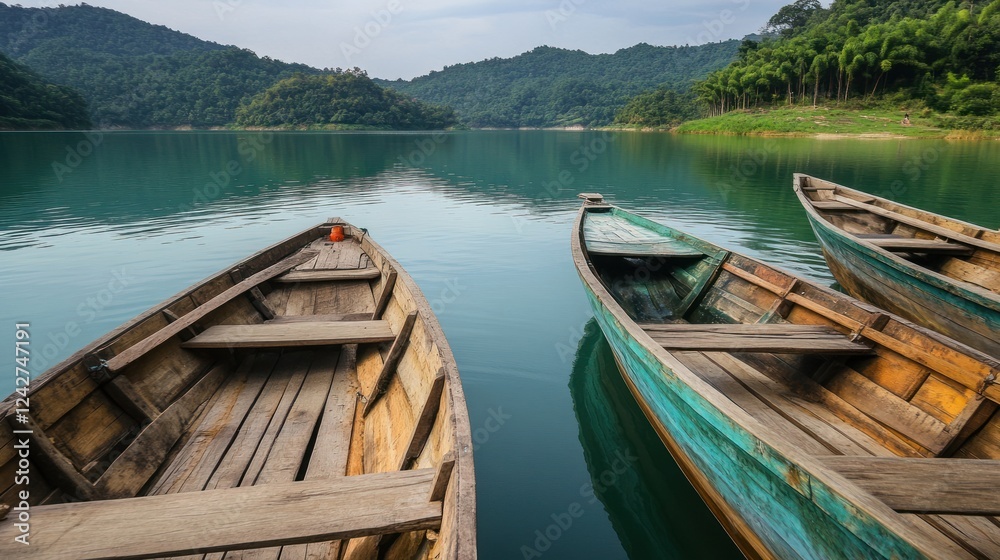 Obraz premium Tranquil Lake Scene with Wooden Boats and Lush Mountains