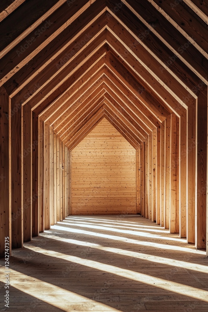 An empty, wooden, triangular room with shadows on the wall. Showcases geometric architecture, light and shadow play, and a symmetrical composition An empty, wooden, triangular room with shadows on the wall. Showcases geometric architecture, light and shadow play, and a symmetrical composition
