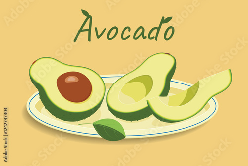 Plate with avocado. Vector illustration of ripe avocado sliced ​​into pieces lying on a plate with the inscription Avocado