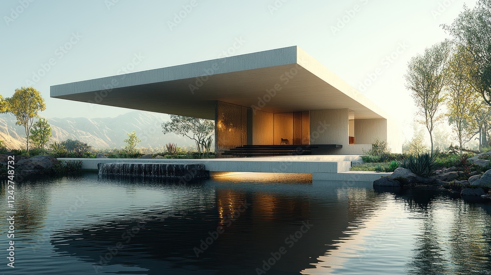 Modern house, lakefront, sunset, mountain view, serene Modern house, lakefront, sunset, mountain view, serene