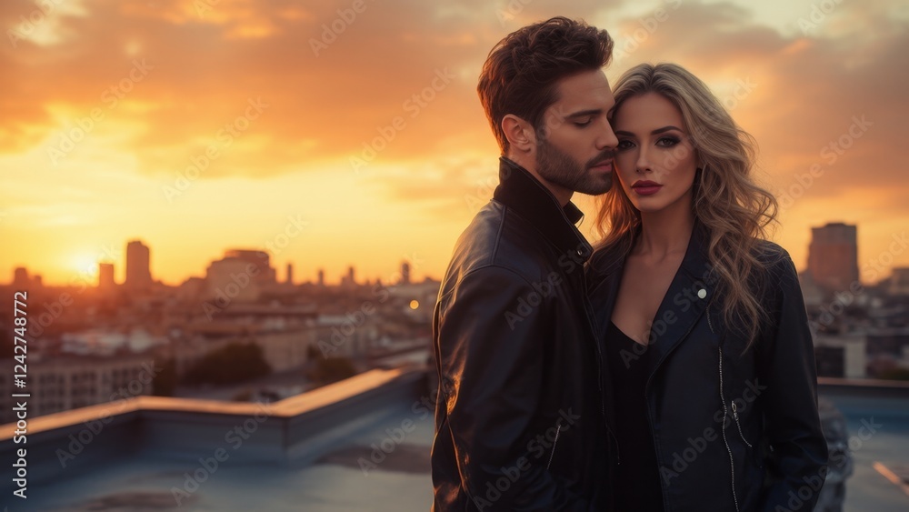A couple in leather jackets stands close on a rooftop at sunset, with the city skyline in the background. A couple in leather jackets stands close on a rooftop at sunset, with the city skyline in the background.