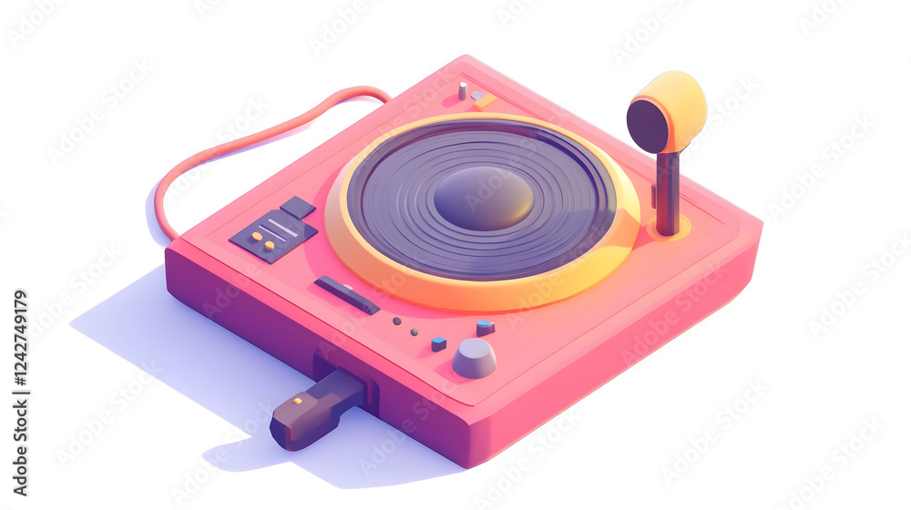Fototapeta premium Isometric of Vintage Pink Turntable Music Player with Accessories