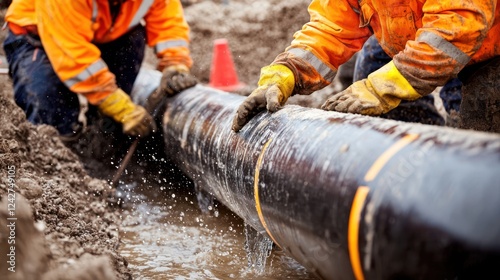 Workers installing a large pipe in a muddy construction site.