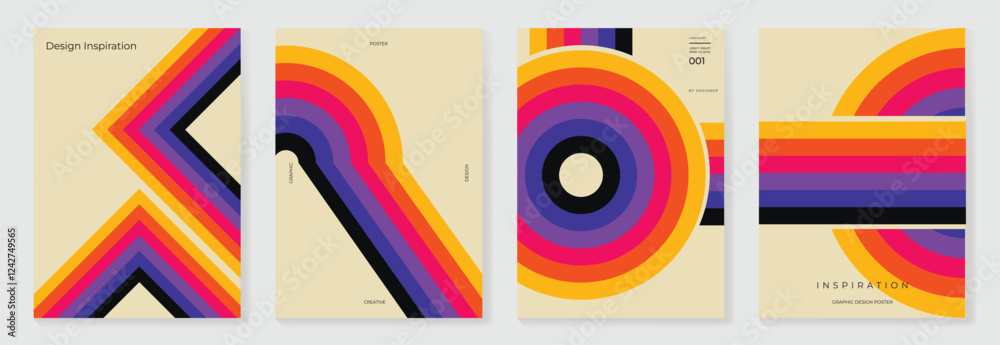 Collection of 70s color gradient poster background vector. Set of retro wall decoration, groovy, trippy, geometric shape. Vintage hippie wall art for interior, decorative, banner, cover, card.