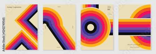 Collection of 70s color gradient poster background vector. Set of retro wall decoration, groovy, trippy, geometric shape. Vintage hippie wall art for interior, decorative, banner, cover, card.