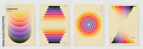 Collection of 70s color gradient poster background vector. Set of retro wall decoration, groovy, trippy, geometric shape. Vintage hippie wall art for interior, decorative, banner, cover, card.