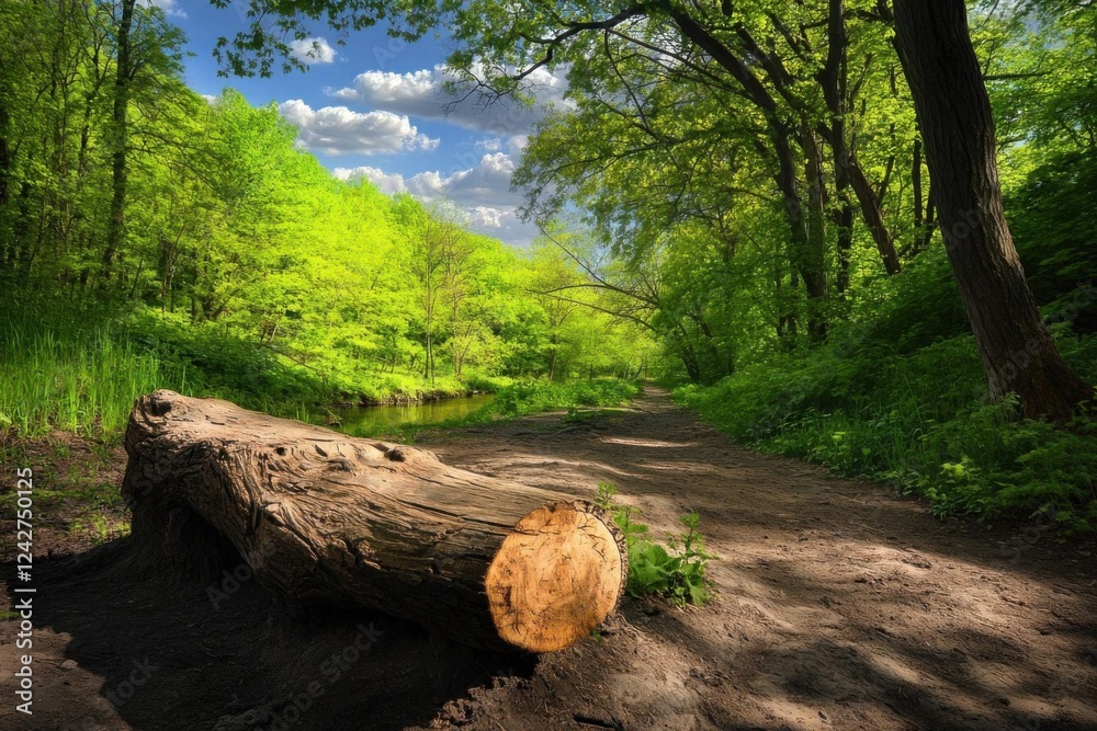Fallen Tree Lies Beside Path Through Lush Green Forest, Tranquil Nature Walk. Fallen Tree Lies Beside Path Through Lush Green Forest, Tranquil Nature Walk.