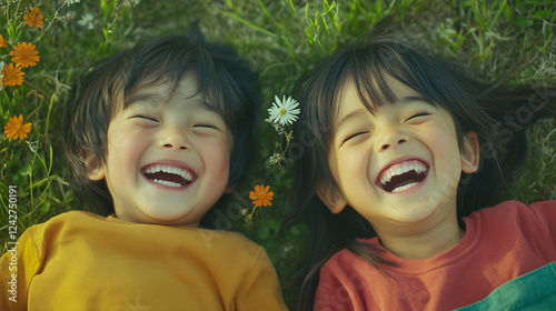 日本人の子ども二人がお花畑の上で寝転んで笑っているクローズアップ写真