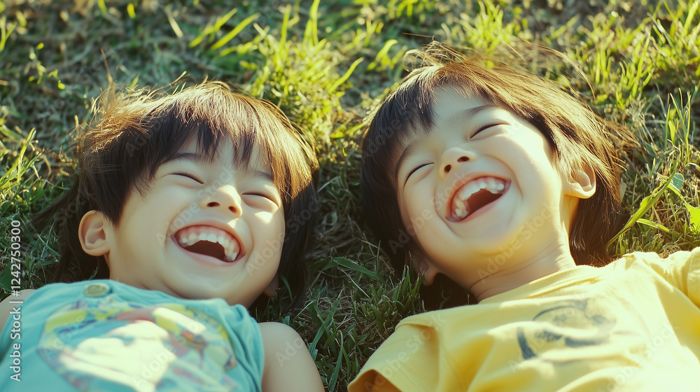 日本人の子ども二人がお花畑の上で寝転んで笑っているクローズアップ写真