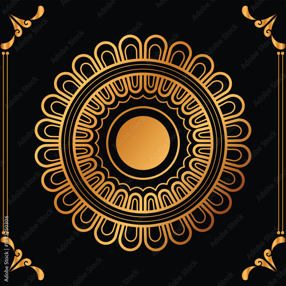 Fototapeta premium Luxury mandala design black background in gold color