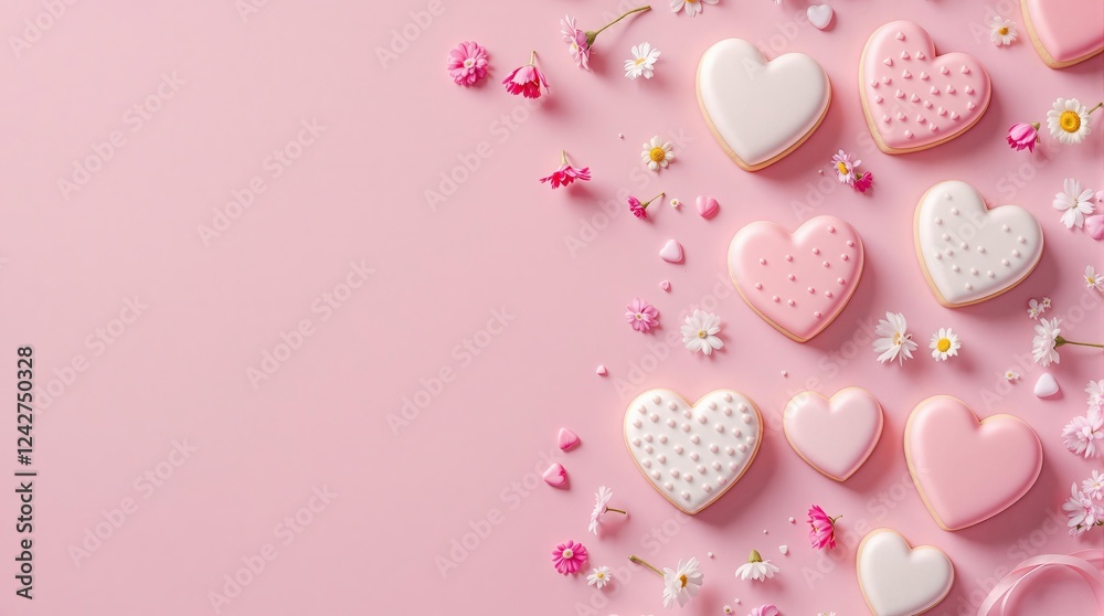 Naklejka premium Pink Heart Cookies and Flowers for Happy Valentine's Day background, pink rose petals background