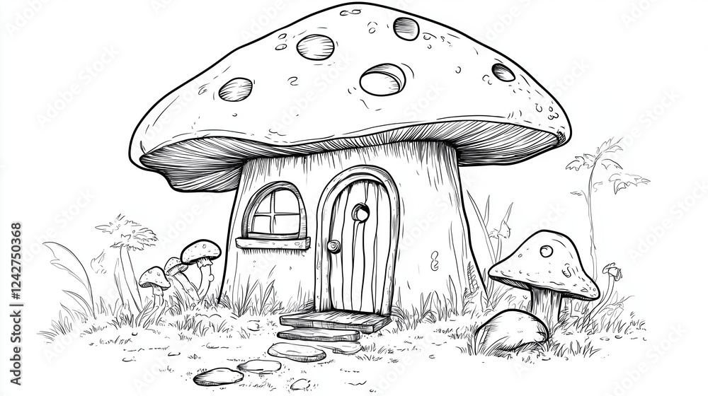 きのこを家にしている小人の家の線画 塗り絵 ミニチュア