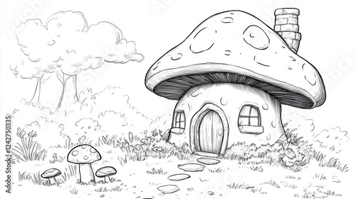 きのこを家にしている小人の家の線画　塗り絵　ミニチュア