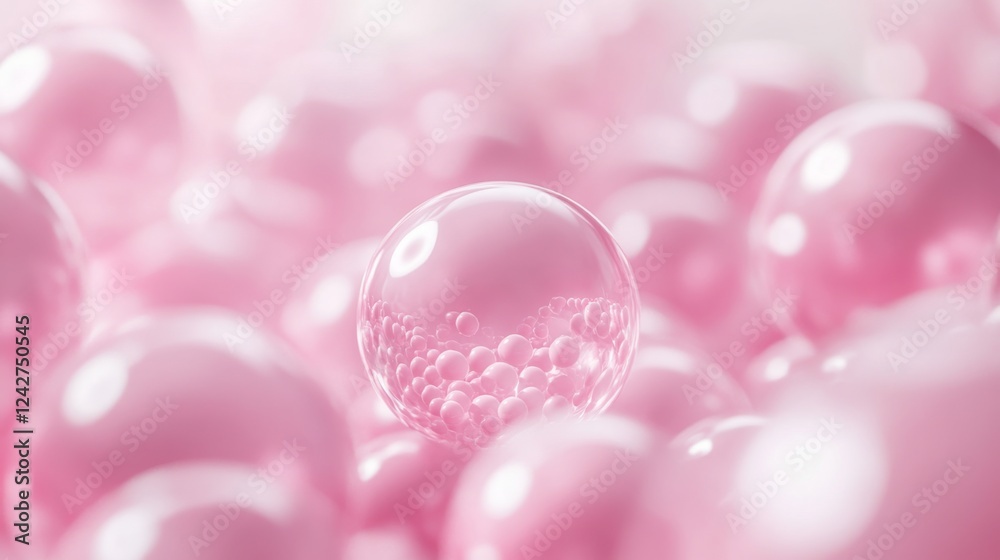 Elegant pink spheres and translucent orb reflecting smaller bubbles, soft and soothing scene Elegant pink spheres and translucent orb reflecting smaller bubbles, soft and soothing scene
