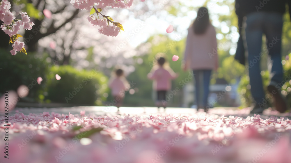 手前の桜の花びらがぼけた背景 四人家族で歩いている後ろ姿 お花見 テキストスペースあり
幻想的な雰囲気