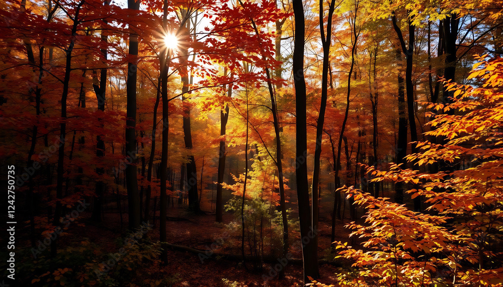 Fototapeta premium Autumn Forest with Sunlight Streaming Through Trees