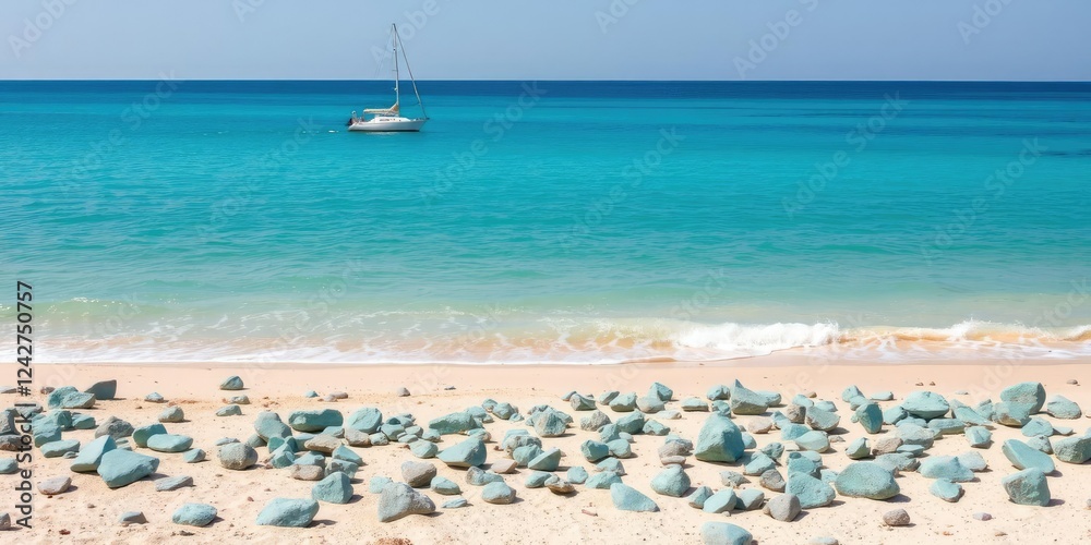 Fototapeta premium Turquoise sea rocks scattered on the sandy beach with a sailboat gently rocking in the calm turquoise water, serene atmosphere, turquoise sea