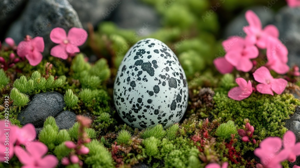 Bird egg nestled amongst flowers and rocks. Possible use Nature background, wallpaper
