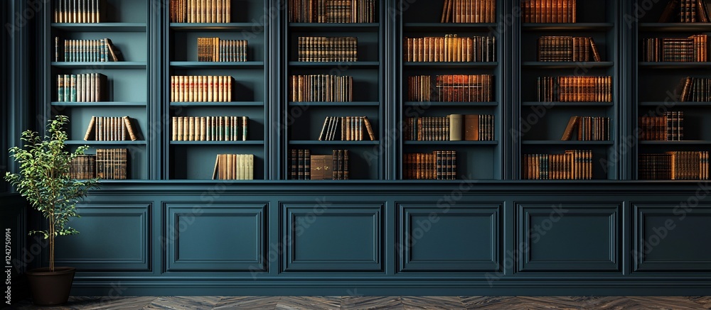 Elegant library interior showcasing a rich collection of books on dark blue shelves with a plant Elegant library interior showcasing a rich collection of books on dark blue shelves with a plant