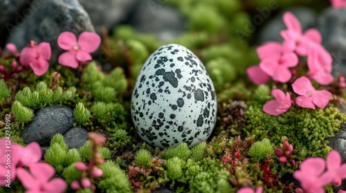 Obraz na płótnie Bird egg nestled amongst flowers and rocks. Possible use Nature background, wallpaper w salonie