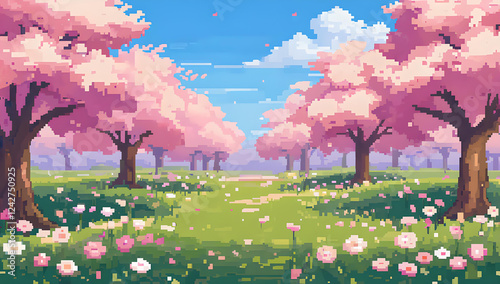 A pixel art landscape of a hill covered in blooming cherry blossoms, with a blue sky and open fields. 