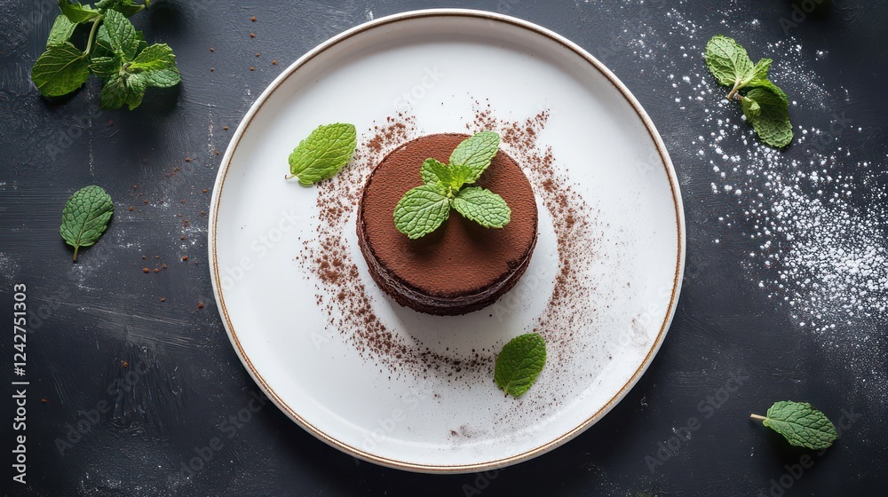 A decadent chocolate cake garnished with fresh mint leaves, elegantly placed on a white porcelain plate A decadent chocolate cake garnished with fresh mint leaves, elegantly placed on a white porcelain plate