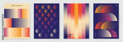 Collection of 70s color gradient poster background vector. Set of retro wall decoration, groovy, trippy, geometric shape. Vintage hippie wall art for interior, decorative, banner, cover, card.