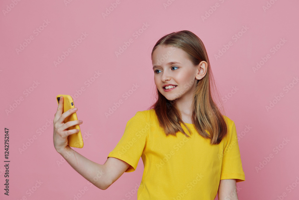 A cheerful young girl with light brown hair taking a selfie on a yellow phone against a pink background, portraying happiness and confidence A cheerful young girl with light brown hair taking a selfie on a yellow phone against a pink background, portraying happiness and confidence