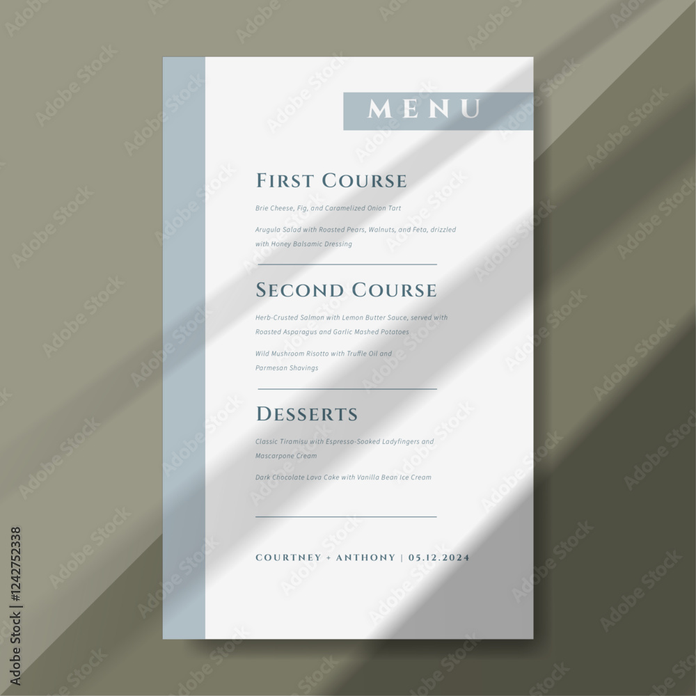 Fototapeta premium Modern and elegant wedding menu template with a minimalist design. Featuring refined typography and a soft color palette, it beautifully presents the courses, making it perfect for reception.