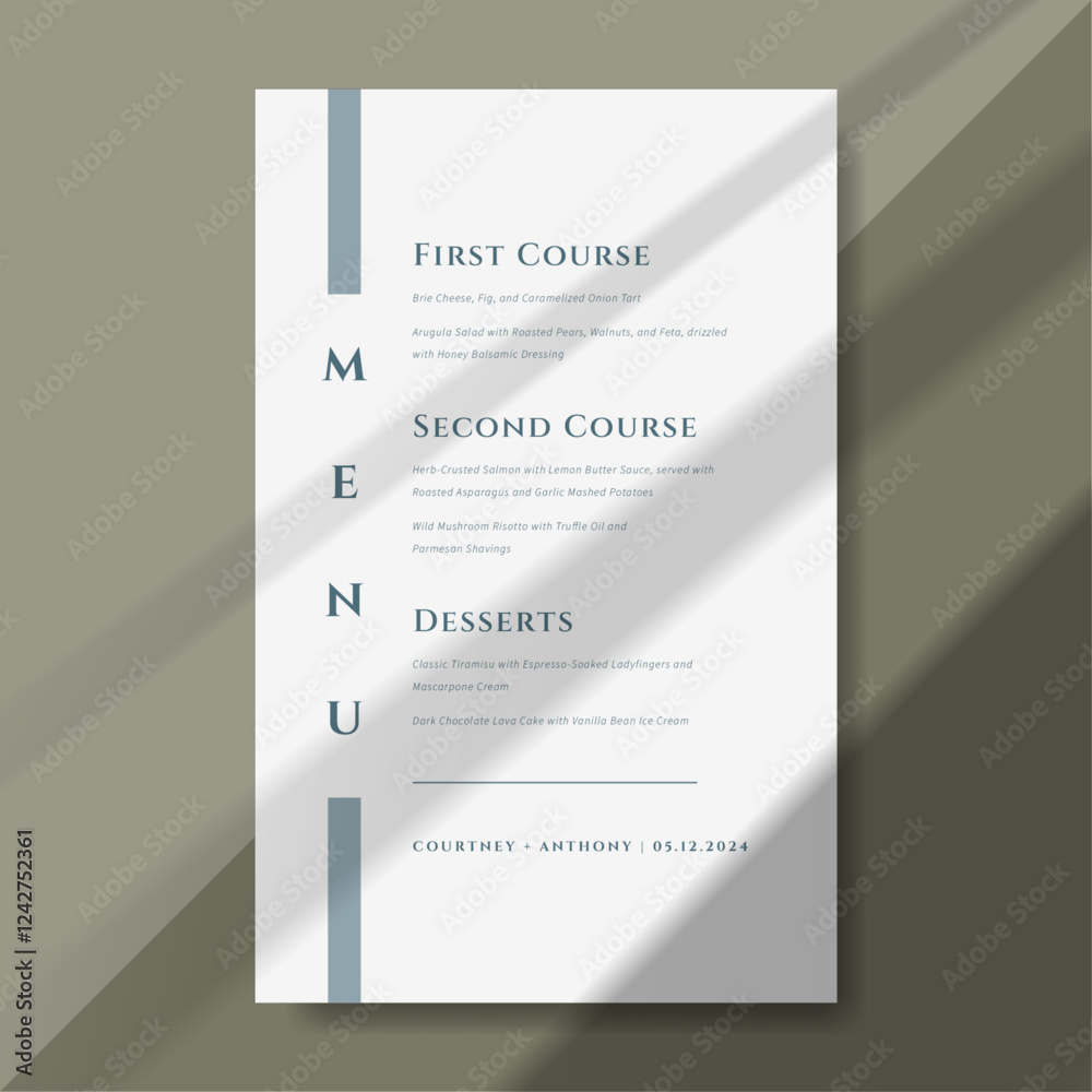 Fototapeta premium Elegant wedding menu template featuring a modern and minimalist design. The refined typography and structured layout present the dinner menu beautifully, making it perfect for formal receptions