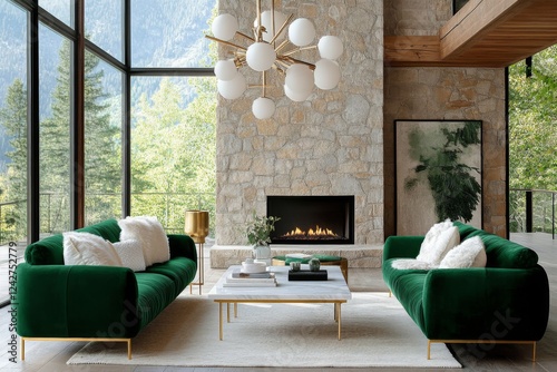 A modern living room featuring plush velvet furniture in deep emerald green, a white marble coffee table with golden legs, and a statement light fixture. photo