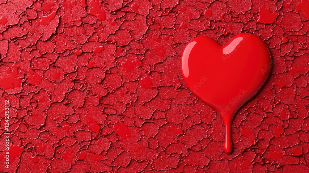 Glossy Red Heart Paint Dripping on Cracked Red Surface Glossy Red Heart Paint Dripping on Cracked Red Surface