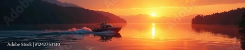 Boat navigates tranquil lake with warm sunset glow, atmosphere, warm
