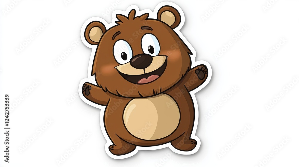 Obraz premium Happy cartoon bear waving, isolated on white background, for children's book illustrations or website design