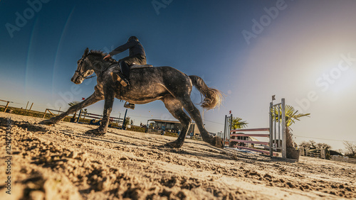 Spectaculaire contre-plongée d'un cavalier et de son cheval en plein mouvement sur un terrain de compétition équestre.