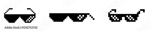 Pixel sunglasses icon set in black and white. Meme-inspired thug life, gangster, funky retro gaming style. Vector illustration.