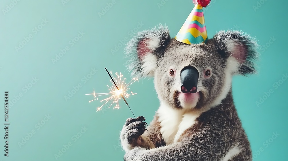 Obraz premium Koala bear wearing party hat holding sparkler.