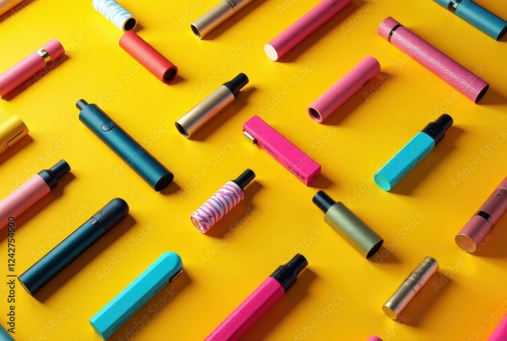 A vibrant collection of stylish vaping devices and cosmetic tubes arranged in a geometric pattern on a sunny yellow background A vibrant collection of stylish vaping devices and cosmetic tubes arranged in a geometric pattern on a sunny yellow background