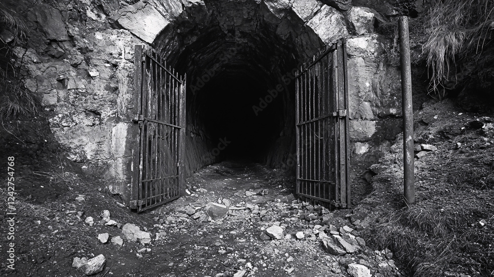 A black-and-white photo of an old tunnel entrance with worn-out stones and rusty gates. A black-and-white photo of an old tunnel entrance with worn-out stones and rusty gates.