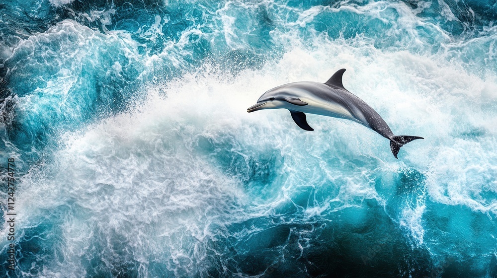 Obraz premium Dolphin leaping ocean waves aerial view travel poster