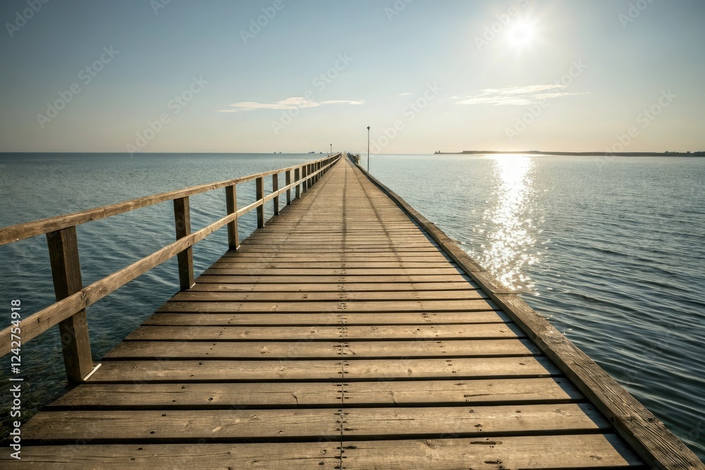 Wooden pier stretching into the distance with sunlight reflecting off its surface, outdoor, water, calm, wood, reflection Wooden pier stretching into the distance with sunlight reflecting off its surface, outdoor, water, calm, wood, reflection