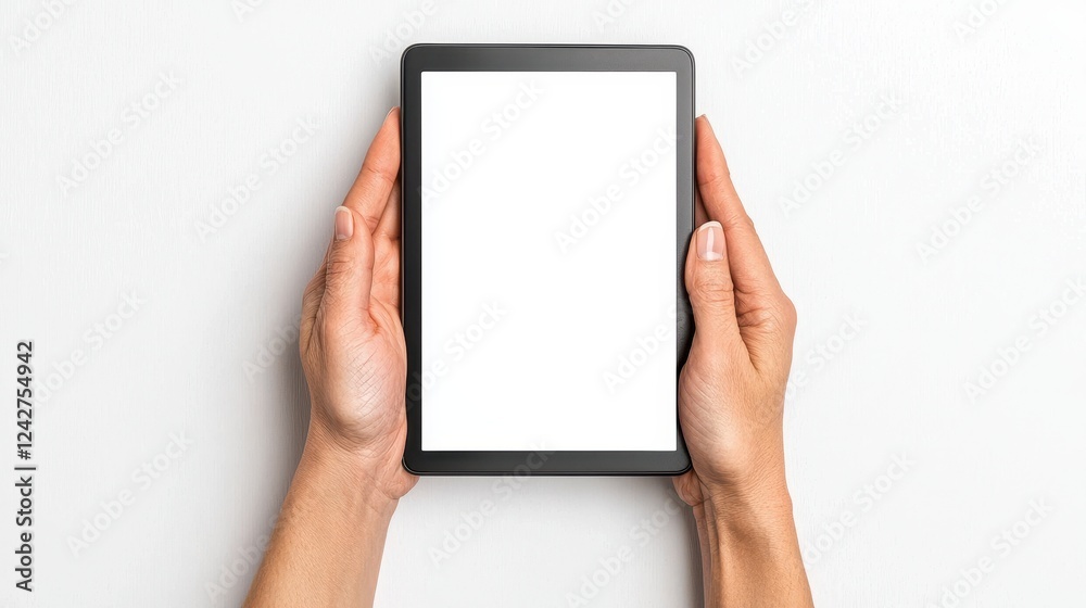 Hands Holding Black Tablet With Blank White Screen On White Textured Background Hands Holding Black Tablet With Blank White Screen On White Textured Background