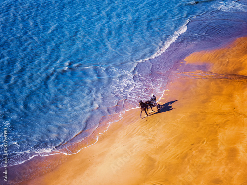 Vue aérienne spectaculaire d'un cheval attelé à un sulky courant le long du rivage, entre sable doré et vagues d'eau turquoise. photo