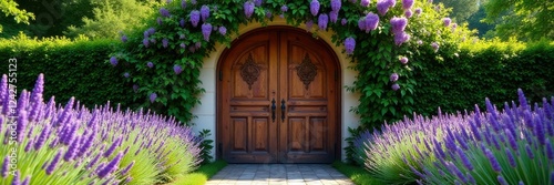 Wooden gate with intricate carvings amidst lush lavender and honeysuckle vines, gates, nature, vine photo