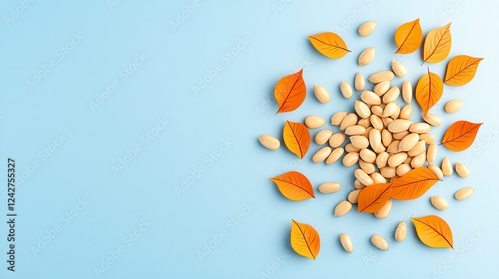 Light Beige Seeds and Orange Autumn Leaves on Light Blue Background