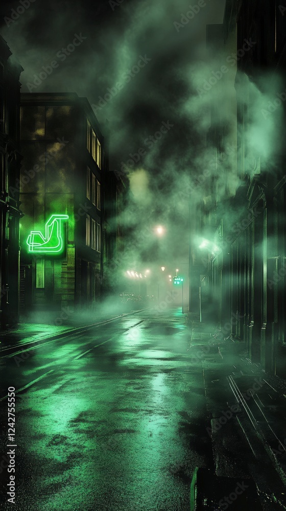 Naklejka premium Mysterious Urban Alleyway at Night, Neon Lights in Foggy City Streets