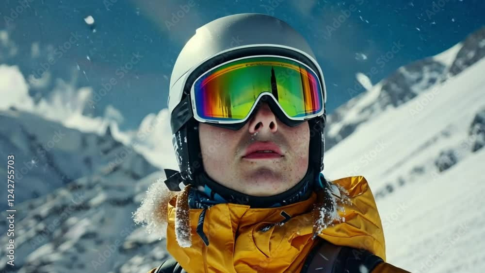 Skiing Adventure in the Snowy Mountains: A Young Skier's Contemplative Gaze Skiing Adventure in the Snowy Mountains: A Young Skier's Contemplative Gaze