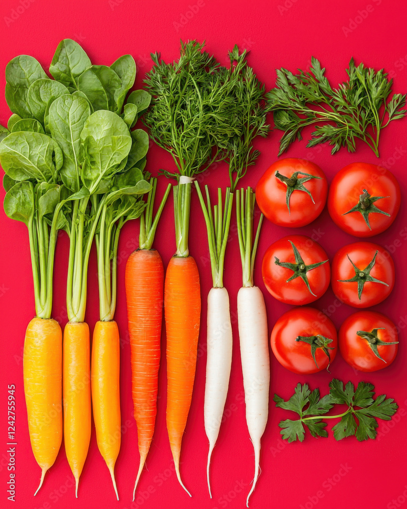 Fresh farm vegetables including carrots, tomatoes, and greens on red Fresh farm vegetables including carrots, tomatoes, and greens on red