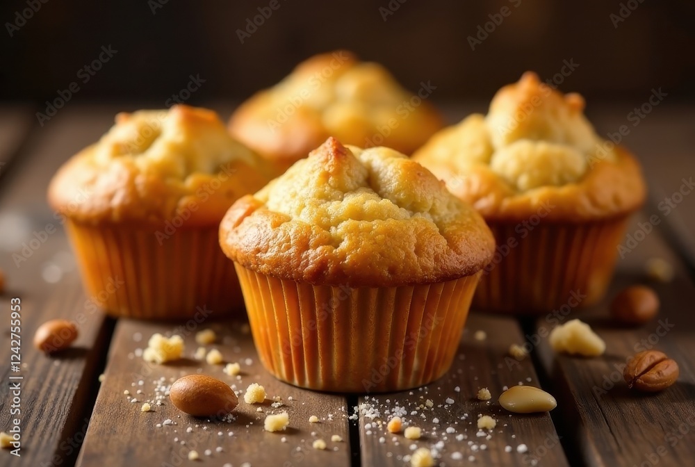 A trio of delectable golden-brown muffins, subtly sprinkled with sugar, rests on a rustic wooden surface, surrounded by scattered nuts and crumbs. A trio of delectable golden-brown muffins, subtly sprinkled with sugar, rests on a rustic wooden surface, surrounded by scattered nuts and crumbs.